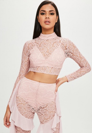 carli bybel x missguided pink high neck lace top ~ semi sheer tops