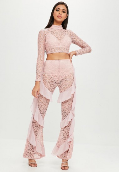 carli bybel x missguided pink lace ruffle trousers ~ semi sheer ruffled pants