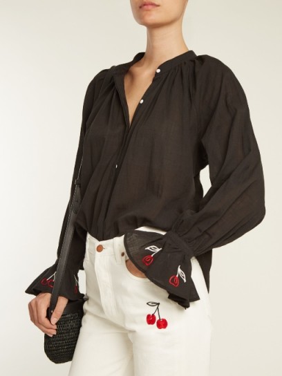 BLISS AND MISCHIEF Cherry-embroidered cotton-voile shirt ~ black flared cuff shirts