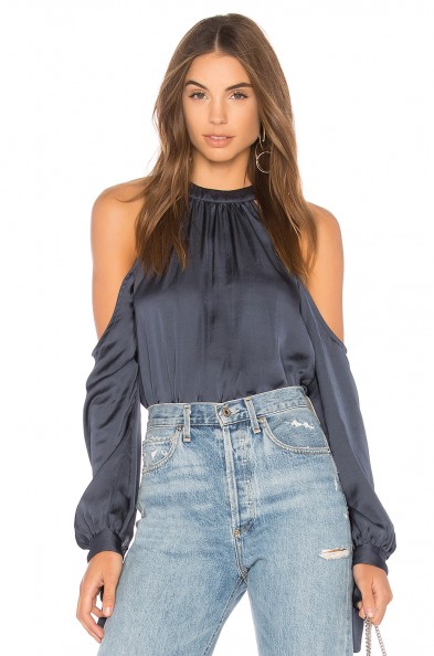 Clayton ADA SATIN BLOUSE | steel blue cold shoulder blouses | silky tops