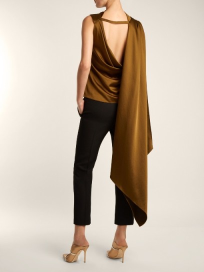 OSMAN Diana draped-panel asymmetric satin top ~ olive-green open back tops