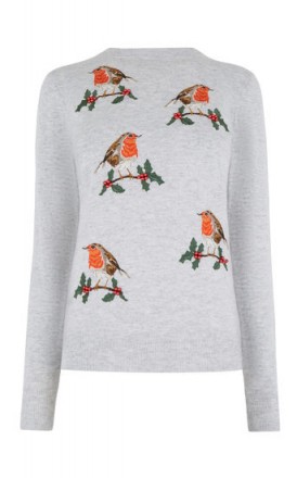 WAREHOUSE EMBROIDERED ROBIN JUMPER | crew neck Xmas jumpers | grey bird print sweaters | Christmas knitwear