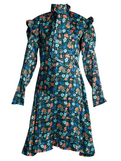 VETEMENTS Floral-print tie-neck silk-satin dress ~ blue high neck ruffled dresses