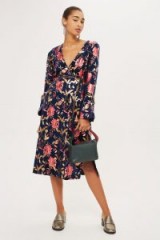 TOPSHOP Foil Floral Plunge Wrap Dress / navy flower print dresses