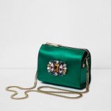 River Island Green satin embellished chain cross body bag – jewelled evening crossbody bags – party accessories