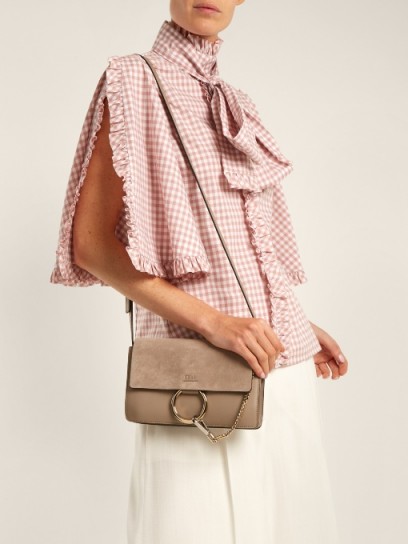 CAROLINE CONSTAS Hope gingham cotton blouse ~ pink check slit sleeve blouses ~ romantic high neck with pussy bow