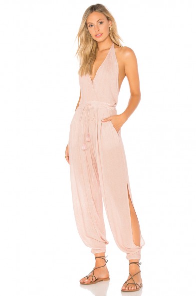 Indah PAZ HALTER JUMPSUIT | luxe rose-pink halterneck jumpsuits | plunge front | cuffed side slit leg