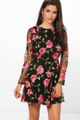 boohoo Jamie Embroidered Mesh Long Sleeved Skater Dress – floral sheer sleeve party dresses