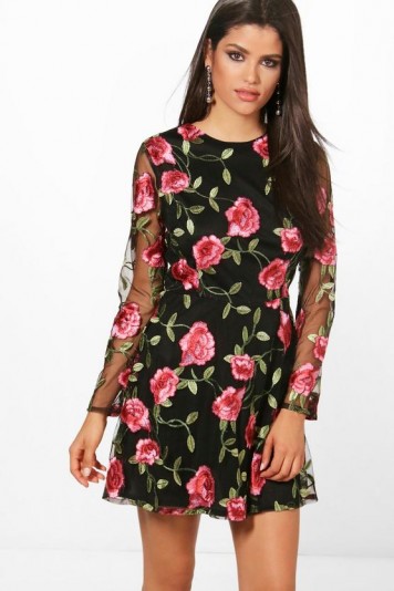 boohoo Jamie Embroidered Mesh Long Sleeved Skater Dress – floral sheer sleeve party dresses