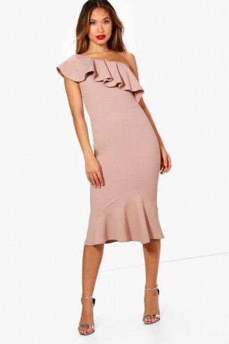 boohoo Katy One Shoulder Frill High Neck Midi Dress – mink/nude party dresses