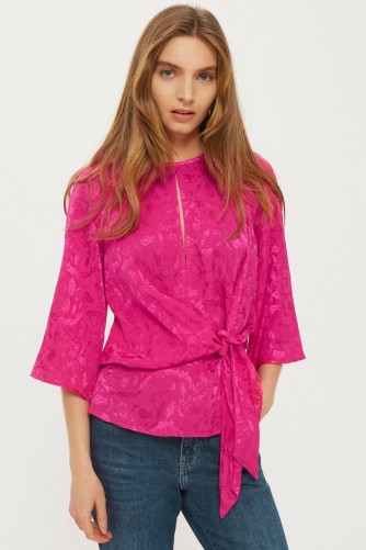 TOPSHOP Knot Front Jacquard Blouse – pink blouses