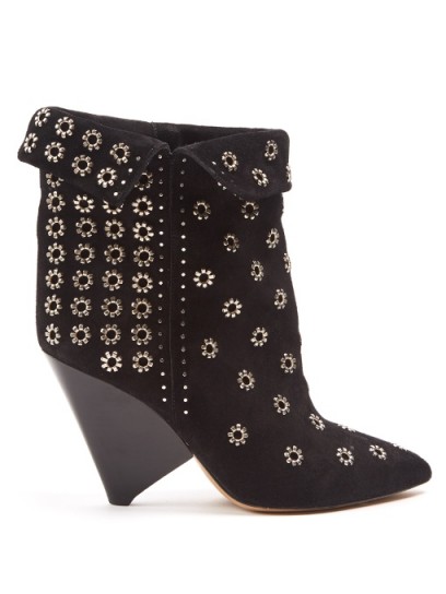 ISABEL MARANT Lakky embellished suede ankle boots ~ black cone heeled studded boot ~ fold over top detail