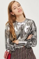 Topshop Lame Balloon Sleeve Blouse / shiny silver blouses