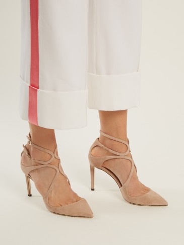 JIMMY CHOO Lancer 85mm suede pumps ~ nude-beige strappy heels