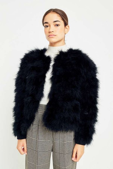 Light Before Dark Black Marabou Faux Fur Jacket – glamorous black collarless jackets