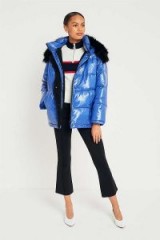 Light Before Dark Borg Lined Wet Look Puffer Jacket | shiny blue padded jackets