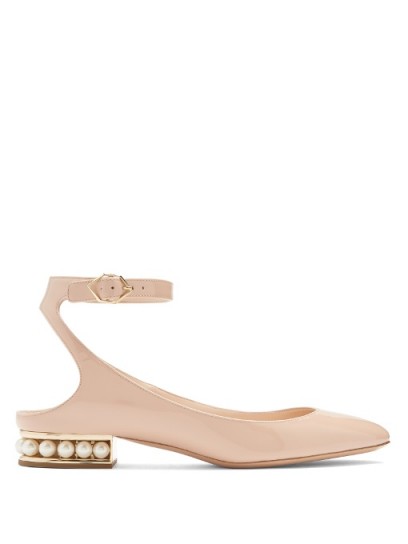 NICHOLAS KIRKWOOD Lola pearl-heeled patent-leather ballet flats ~ pink flat shoes with low embellished heel