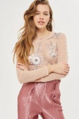 TOPSHOP Long Sleeve Pearl Embellished Body – nude semi sheer bodysuits – party fashion