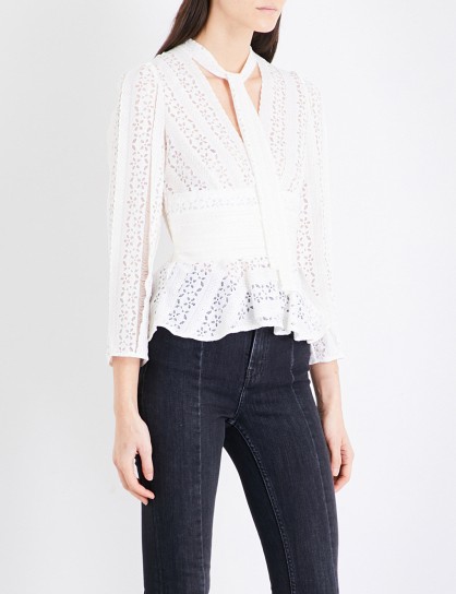 MAJE Lood floral-lace V-neck top ~ romantic white tops ~ semi sheer peplum blouses