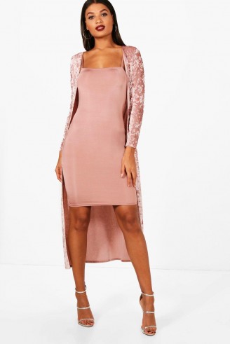 boohoo Maria Bodycon Dress and Velvet Duster Set – rose-pink party dresses and jackets