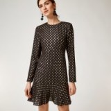 WAREHOUSE METALLIC SPOT RUFFLE HEM DRESS / black and gold shiny party dresses