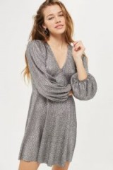 TOPSHOP Metallic Wrap Skater Dress – silver balloon sleeved party dresses