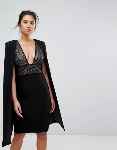 Misha Collection Structured Sequin Midi Dress With Cape Overlay ~ black plunge front dresses ~ statement party fashion