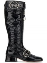 MIU MIU Black Patent buckle knee high boots / black high shine leather