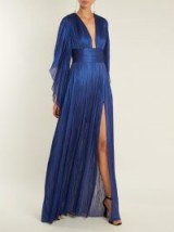 MARIA LUCIA HOHAN Nadina kimono-sleeve pleated tulle gown ~ metallic blue plunge front gowns