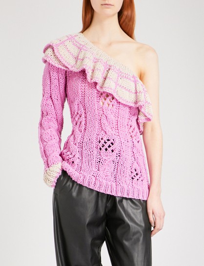 NATASHA ZINKO Frilled off-the-shoulder wool-blend jumper ~ pretty pink one shoulder knits