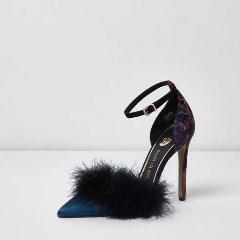 River Island Navy faux fur two part court shoes ~ fluffy party heels