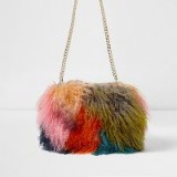 RIVER ISLAND Orange multi colour mongolian fur chain bag | shaggy bags