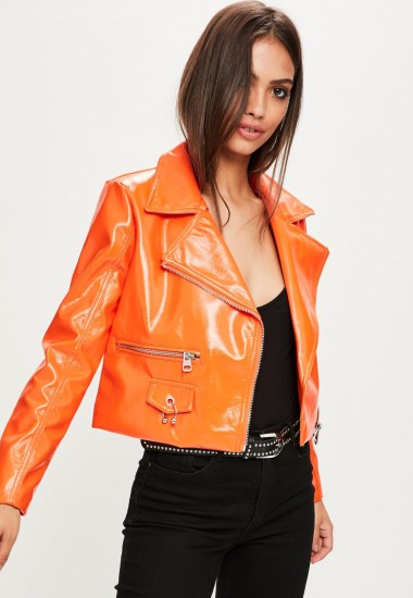 Missguided orange vinyl biker jacket – shiny jackets