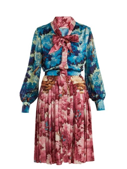 MARCO DE VINCENZO Painterly-print tie-neck satin dress ~ blue and pink satin pleated dresses