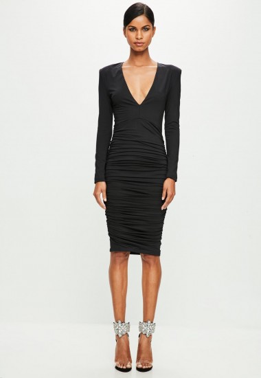 MISSGUIDED peace + love black ruched dress | plunge front fitted dresses | structured/padded shoulders