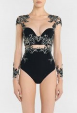 LA PERLA PEONY Black bodysuit in embroidered stretch tulle and silk georgette – semi sheer luxury bodysuits – luxurious lingerie/tops