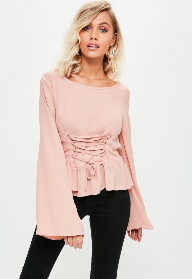 Missguided pink corset front blouse | wide sleeve blouses