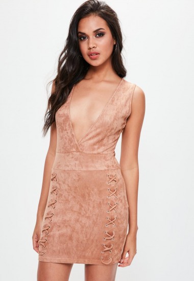 Missguided pink faux suede bodycon dress | deep V-neckline dresses