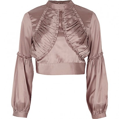 River Island Pink satin ruffle front high neck crop top