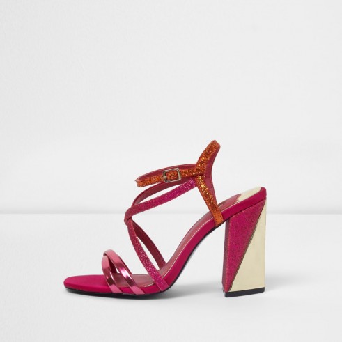 River Island Pink strappy asymmetric block heel sandals ~ party shoes