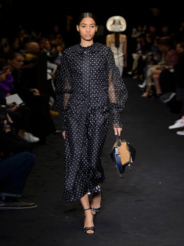 LOEWE Polka dot-print smocked silk and cotton dress ~ black and white spot sheer sleeved dresses