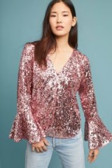 Moulinette Soeurs Pollina Sequin Bell Sleeve Top / pink shimmer fluted cuff tops