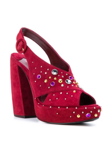 PRADA crystal-embellished red suede sandals – luxe crossover front slingback shoes