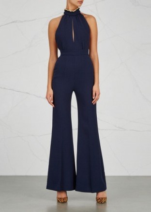 ROKSANDA Ruscha navy wide-leg jumpsuit ~ ruffled high neck jumpsuits