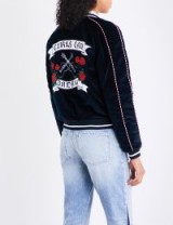 SANDRO Embroidered reversible velvet jacket | navy-blue ‘GIRLS CAN DREAM’ slogan bomber jackets