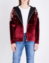 SANDRO Floral-embroidered velvet hoody / burgundy red hoodies