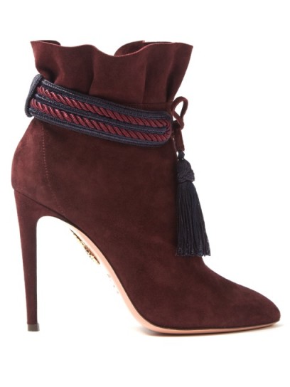 AQUAZZURA Shanty suede tassel-trimmed ankle boots ~ purple ruffle top boot