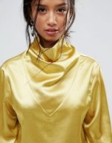 Sister Jane Petite Drapey Blouse In Satin / shiny yellow drape neck blouses