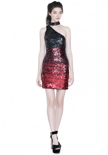 Alice and Olivia SOSHANA EMBELLISHED ONE SHOULDER DRESS / shimmering choker dresses