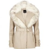 River Island stone faux fur collar belted biker jacket ~ faux leather fluffy collard jackets ~ winter style